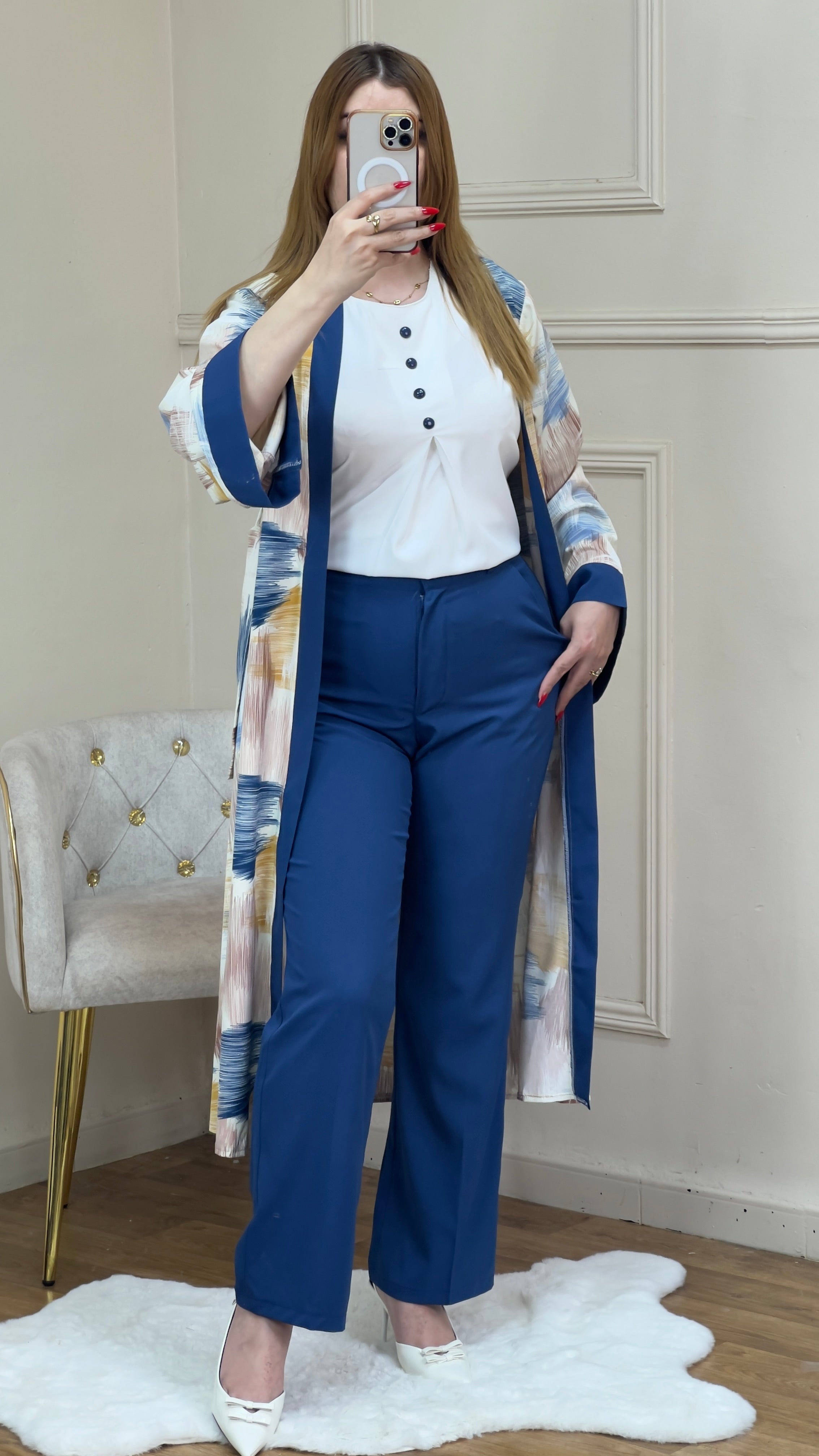 kimono en lin chemise blanc avec pantalon couleur uni